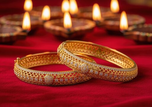 Pair of traditional gold bangles (churi) with small stone details on a vibrant red cloth background.