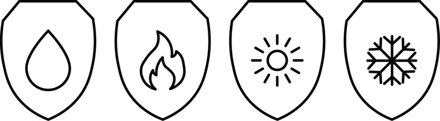 Waterproof, fireproof, sunproof and frostproof defense icon. Resistance, Protection from External Influence. Resistance on transparent background
