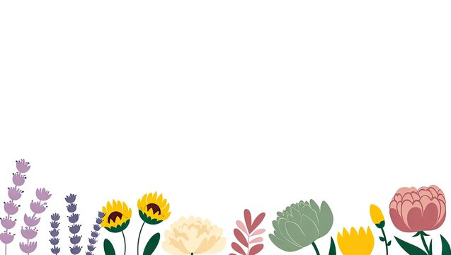 Floral border with sunflowers lavender peony and other colorful flowers