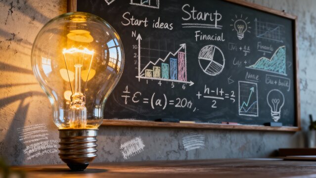 Creative workspace featuring glowing light bulb and chalkboard with financial graphs and startup ideas - Powered by Adobe
