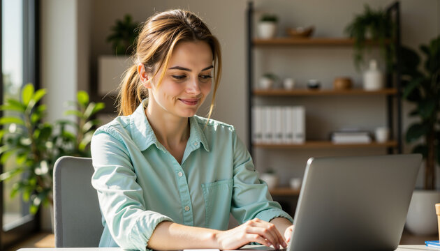 Young woman assistant managing emails while working on laptop in modern office  