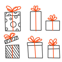giftbox present with red ribbon collection in doodle hand drawing