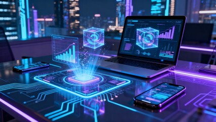 Futuristic workspace with glowing screens and holographic data visualizations in a city at night