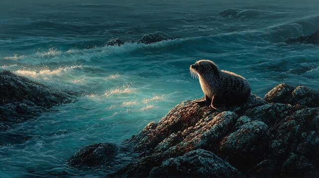 Dramatic ocean scene with a curious seal perched on rugged rocks, gazing at the powerful waves, a captivating coastal landscape illustration