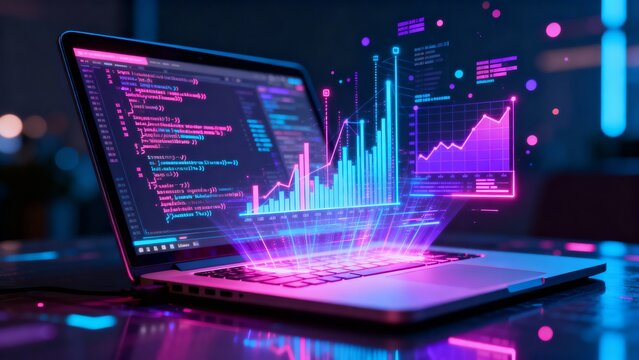 Colorful data visualization bursts from a laptop screen displaying code and graphs at a modern workspace