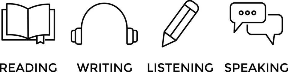  Language skill icon set speaking listening reading writing education test logo vector. Language skills icon set on transparent background for education test. Language skill icon  © MDneamul