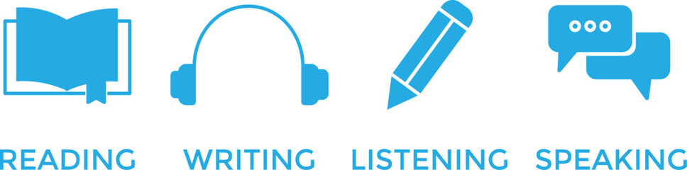  Language skill icon set speaking listening reading writing education test logo vector. Language skills icon set on transparent background for education test. Language skill icon  © MDneamul