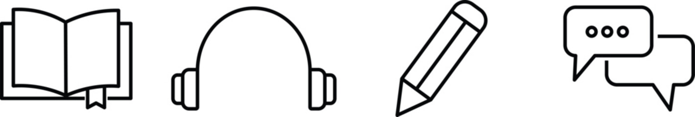 
Language skill icon set speaking listening reading writing education test logo vector. Language skills icon set on transparent background for education test. Language skill icon
