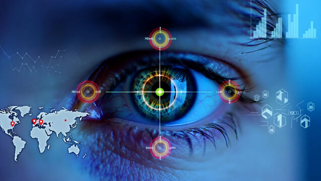 Human eye with futuristic digital interface and world map iris pupil
