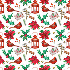 Christmas pattern with cardinal bird, red lantern, poinsettia, cotton twig, pine cones, berries, holly, on a white background. Perfect for gift wrapping, decor and print