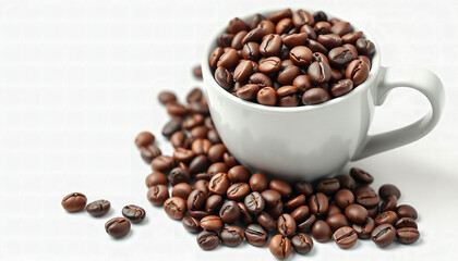 Obraz premium Coffee beans overflowing from white cup on neutral background 