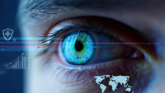 Human eye with futuristic digital interface and global data iris pupil - Powered by Adobe