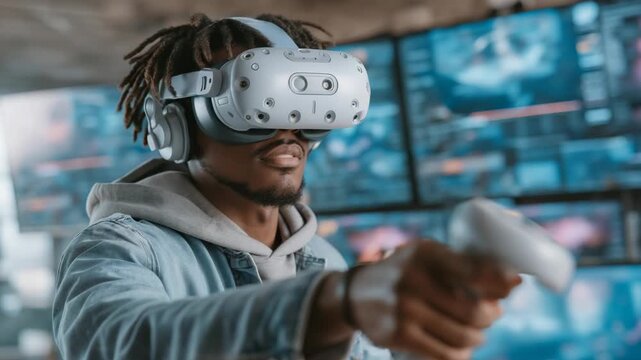 Focused Young Black Man Wearing VR Headset and Headphones Exploring Virtual World Through Hand Gestures &ndash; For Tech Demos, VR Gaming, Educational Simulations, Innovation Platforms &ndash; Cool Blue 