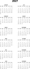 2027 Calendar template. Calendar 2027 - 12 months yearly calendar in year 2027 - planner calendar. Vector illustration for print, web, mobile app on transparent background