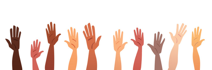 Raised hands. People together, teamwork, collaboration, voting, community, volunteering concept. Vector hand drawn illustration