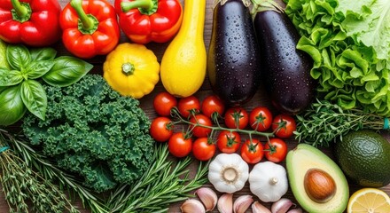 A vibrant and colorful assortment of fresh produce, including red bell peppers, yellow squash, eggplants, kale, tomatoes, garlic, herbs, and avocado, arranged on a wooden surface with a top-down...