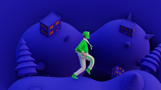 Modern 3D animation sequence with stylized people running through winter night landscape with snowy hills, glowing houses, pine trees and festive atmosphere, symbolizing holiday spirit and joy.
