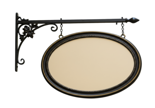 Isolated ornate antique sign, blank signage, retail shop sign with metal decorative hanger