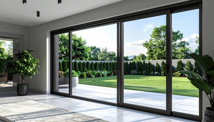 Expansive interior showcases a bright, modern living space, seamlessly blending indoor and outdoor environments with large sliding glass doors, revealing a lush, green garden and clear blue skies,...