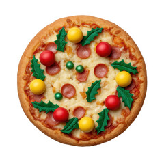 Festive christmas pizza decorated with holly leaves and colorful ornaments