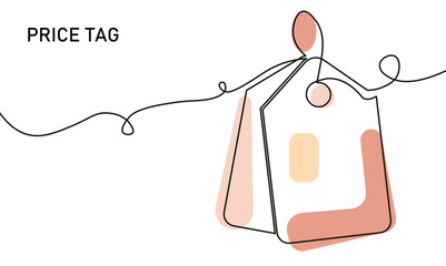 A modern, abstract gift bag illustration featuring a price tag and gentle peach hues. Ideal for retail, shopping, fashion, or holiday promotions conveying warmth, gifting, and affordable luxury.