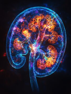Medical imaging of chronic kidney disease impact on kidney tissue, renal pathology, histopathology showing progressive damage, fibrosis, glomerular and tubular degeneration