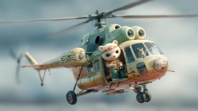 A charming cartoon bear pilots a whimsical olive-tan helicopter mid-air, a rabbit co-pilot by its side