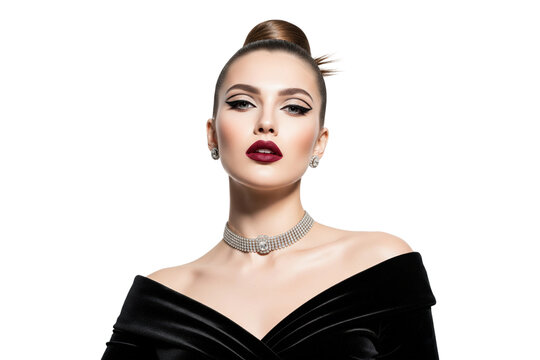 Glamour Portrait of Woman in Black Velvet Dress with Dark Lips and Diamond Choker