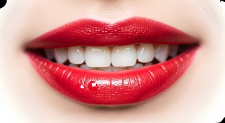 Fototapeta premium Close-up of a vibrant red lips smiling, showcasing perfect white teeth against a soft blurred background