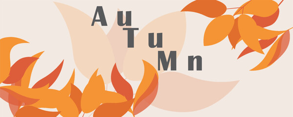 Fall season horizontal background with bright abstract autumn leaves. Autumn modern art minimalist style design template for sales, horizontal poster, header, cover, social media, fashion ads, decor.