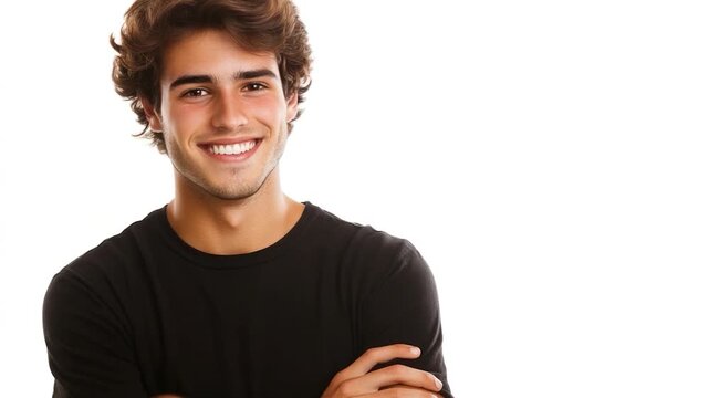 A happy young man with his arms crossed, smiling at something