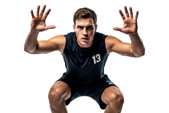 Male Athlete Squatting with Hands Up Ready to Jump or Catch Ball Action