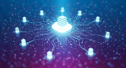 Glowing cloud server connected to multiple smaller servers with network connections on a purple background