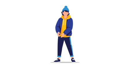 Fototapeta premium Young person wearing a blue beanie yellow hoodie and blue tracksuit.