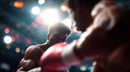 Intense boxing match showcasing athletes in action during a bright arena setting