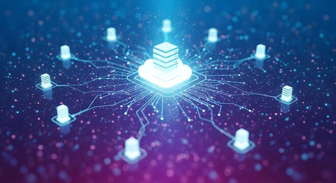 Glowing cloud server connected to multiple smaller servers with network connections on a purple background