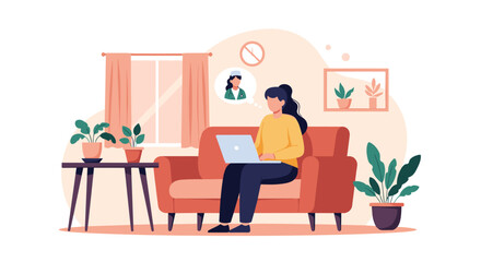 A woman works on her laptop in a cozy living room setting