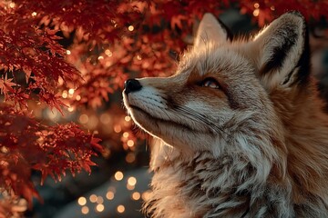 Majestic fox gazes thoughtfully amidst vibrant autumn foliage bathed in warm golden light creating a magical, serene forest scene