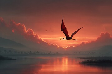 Majestic pterodactyl soars over tranquil lake at breathtaking sunset, evoking ancient wonder and serene beauty for your next project.