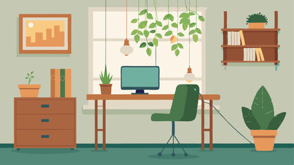 A home office with a hanging macrame plant holder and a wall covered in trailing ivy.