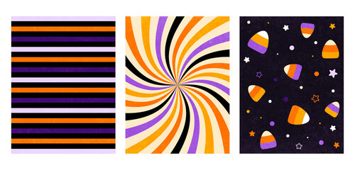 Halloween Backgrounds Set, Grunge Texture, Abstract Backrounds Collection for Halloween, Candy, Stars, Lines, Hallowen Colors Cards