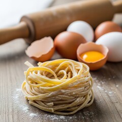 Fresh homemade pasta with eggs and rolling pin on wood table