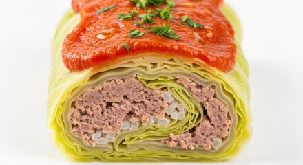 A  shot showcases a stuffed cabbage roll, featuring layers of cabbage leaves enclosing a filling of meat and rice, and topped with a vibrant red tomato sauce, presented on a plain white surface.