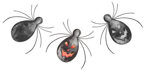 Watercolor illustration. Set of spiders. Hand painted black insects. Spiders with orange face. Cartoon animals, bugs. Isolated clip art elements. Halloween, All hallows eve