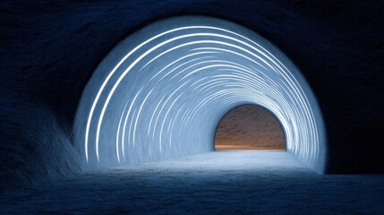 Illuminated tunnel featuring circular light patterns leads into a sandy expanse. The light creates a welcoming atmosphere during twilight hours.