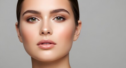 Fototapeta premium Close-up portrait of a young woman with flawless skin and natural makeup against a neutral background