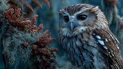 Majestic owl with piercing amber eyes perches amidst a surreal forest of moss and delicate flora, evoking mystery and natural wonder.