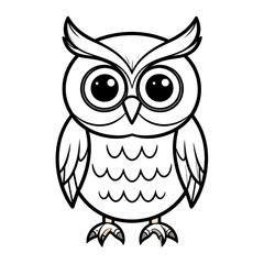 Fototapeta premium A simple black and white line art illustration of a cute cartoon owl with large eyes, standing and facing forward.