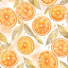 Watercolor pattern of orange slices and leaves