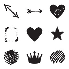 Scribble doodle elements set, paint underline children marker scratch, vector pen squiggle kit collection. Kids ' hand-drawn abstract sketch, alphabet, texture, icons, heart, crown, star, love icon.